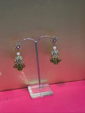 Gold-Tone Green Bead Jhumka Earrings with Pearls